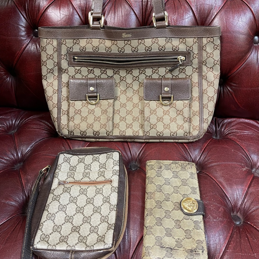 Vintage Gucci brown canvas tote bag w/ travel bag & wallet